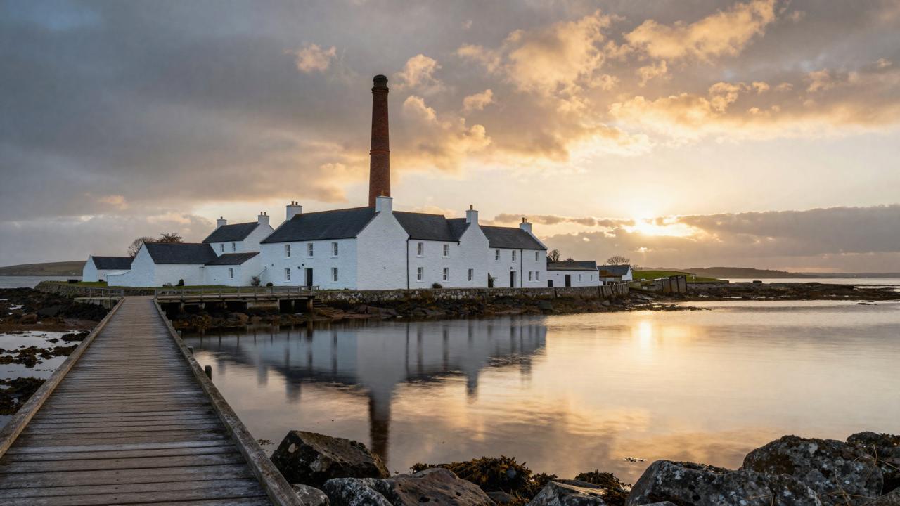White distillery buildings and a jetty beside the water at sunset