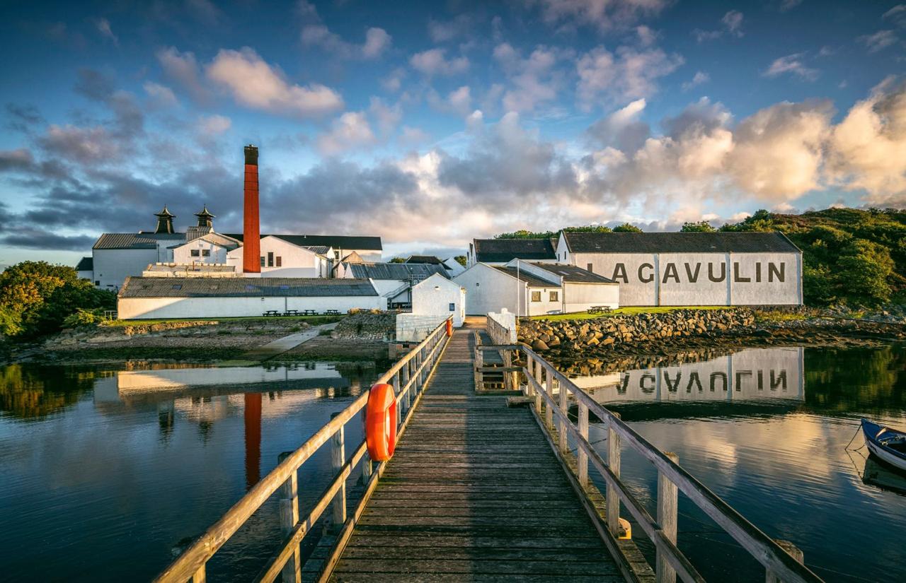 Lagavulin Distillery reflected in the bay, viewed from its jetty