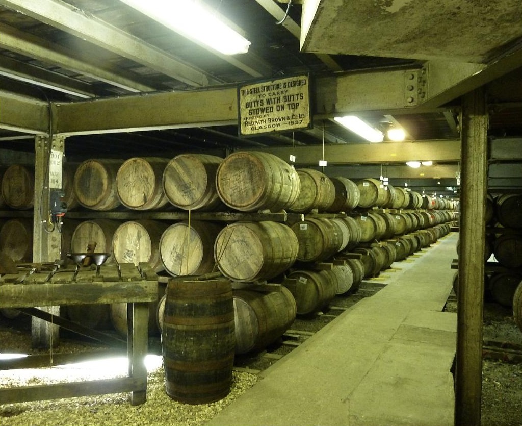 Cask store at Laphroaig distillery: every cask here is identified by its own markings and number.